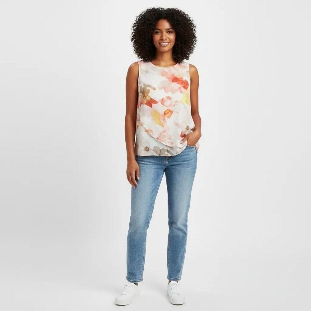 Calvin Klein Women's Pink Floral Layered Design Sleeveless Blouse Size Medium